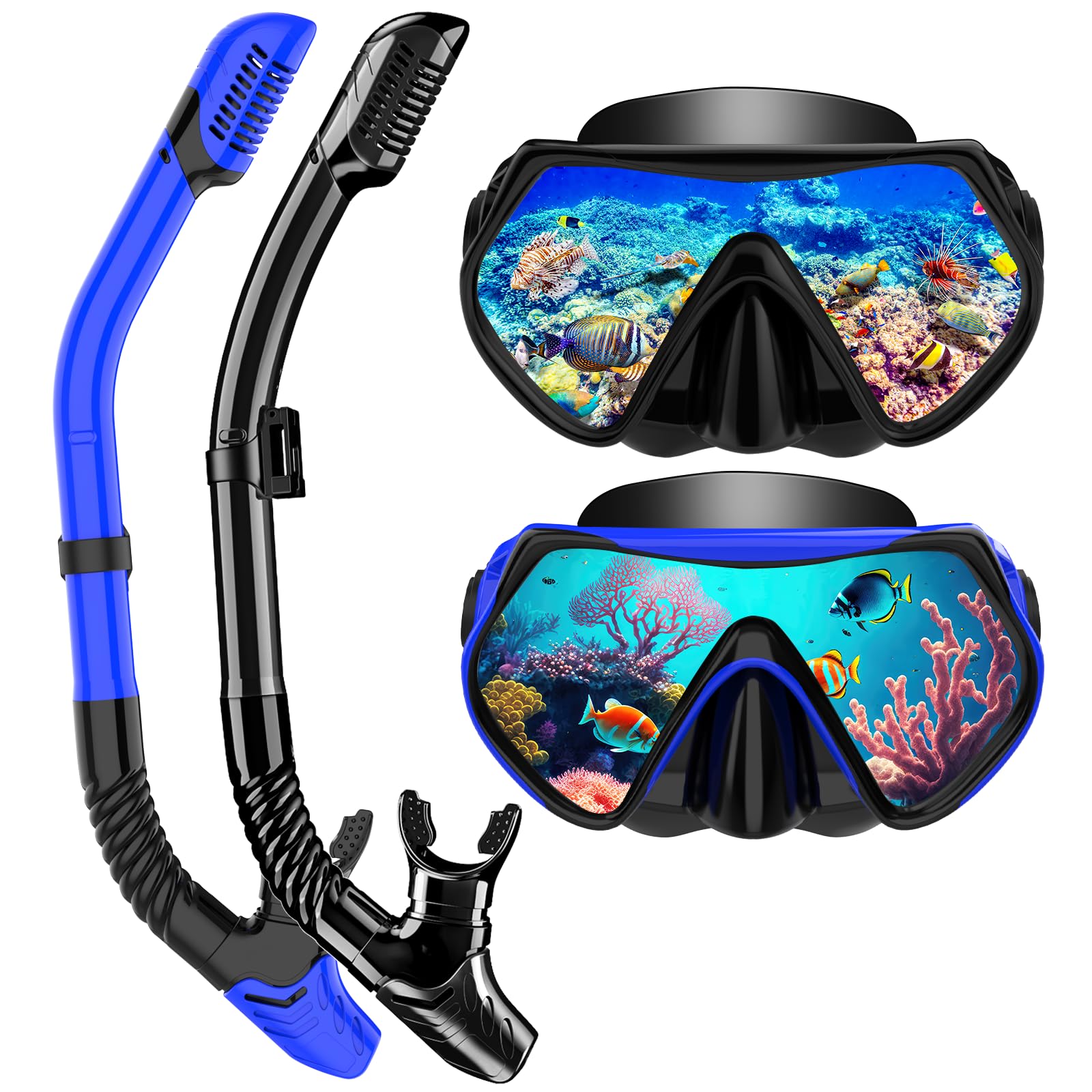 Snorkeling Gear for Adults, Snorkel Set Scuba Diving mask Dry-Top, Adult Swimming Goggles with Nose Cover, HD Tempered Glass Panoramic Anti-Leak Anti-Fog (Blue+Black)