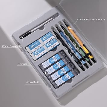 YISAN Metal Mechanical Pencil Set 0.5 & 0.7mm,Automatic Pencil, | Propelling Pencil Lead Pencils 4 PCS with Erases and HB Lead Refills for Writing,Skeching,Drawing,70733