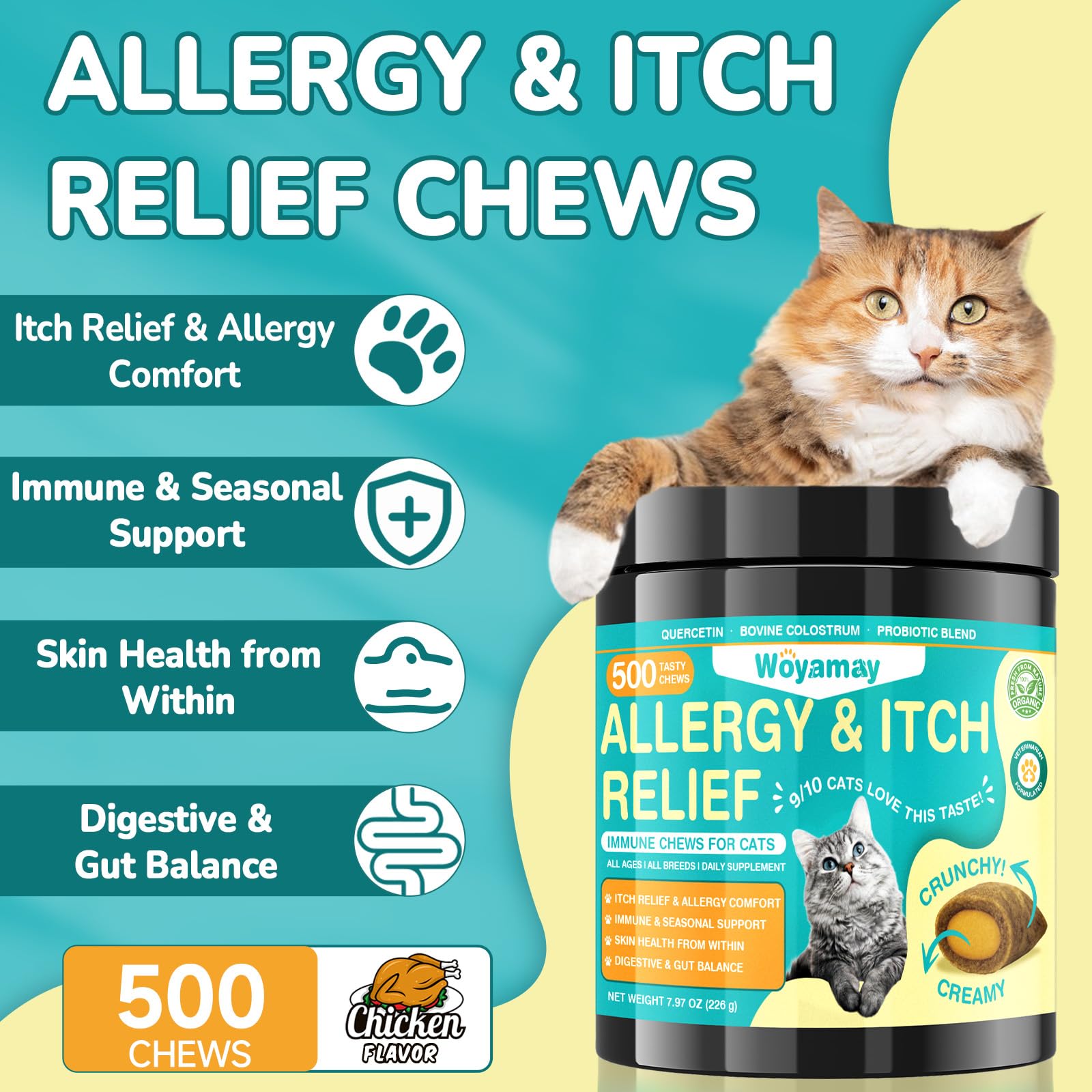 Cat Allergy Relief & Dog Hip and Joint Chews | 500 Crunchy & Creamy Anti-Itch Cat Chew + 200 Soft Dog Joint Chews with Glucosamine, Chondroitin, MSM | Seasonal Itch Relief & Mobility Support - image 3