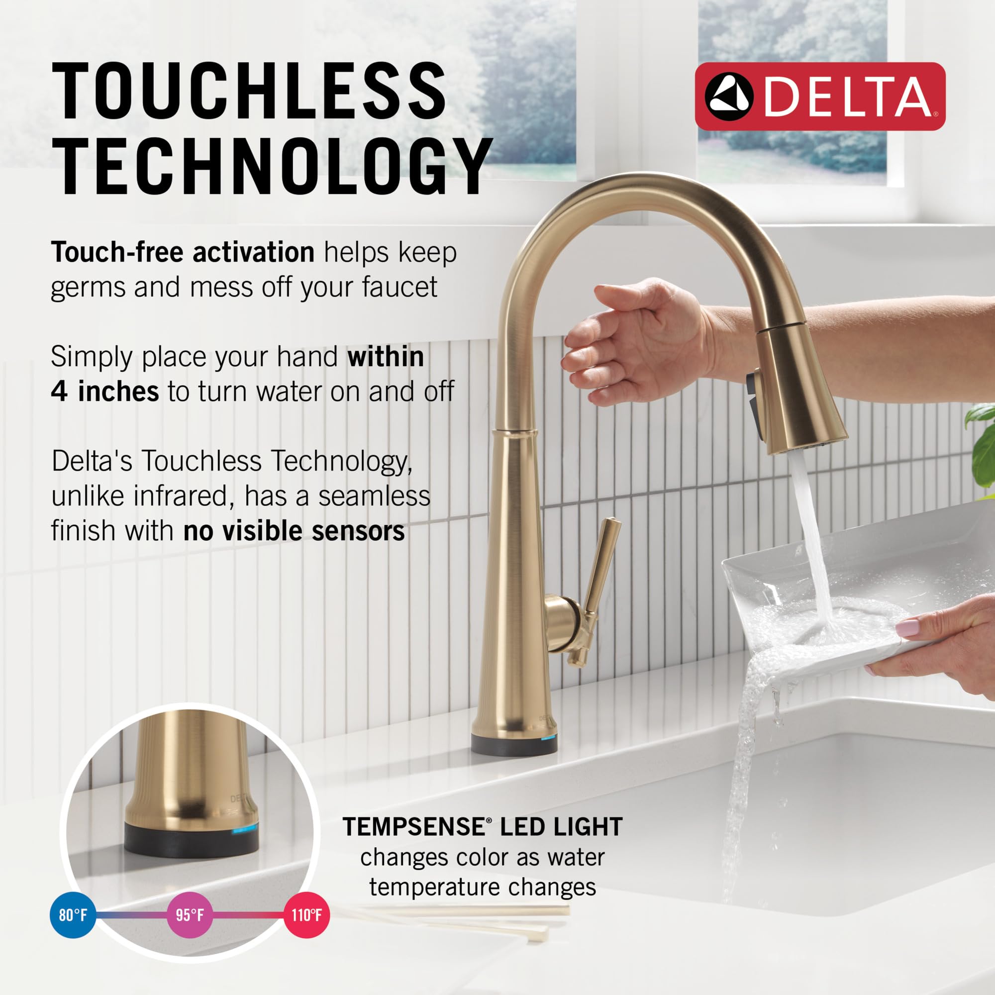 Delta Faucet Emmeline - Grifo de cocina sin contacto con tecnología táctil, grifo dorado para fregadero de cocina con pulverizador extraíble, Lumicoat Champagne Bronze 9182TL-CZ-PR-DST