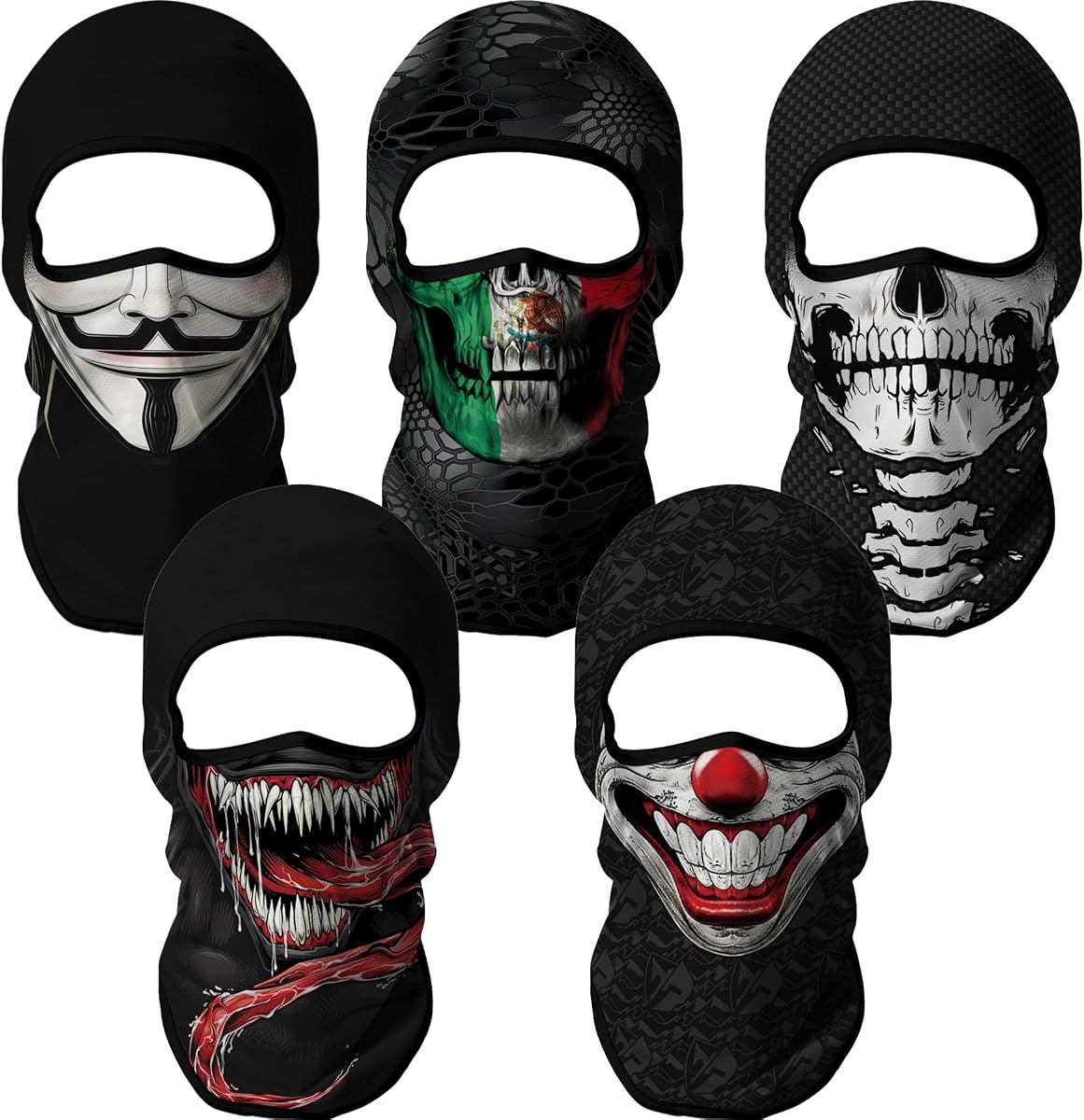 Red Plume 5PCS Ghosts Skull Print Balaclava Full Face Ski Mask UV Protection for Motorcycle Riding Outdoor Sports Men & Women
