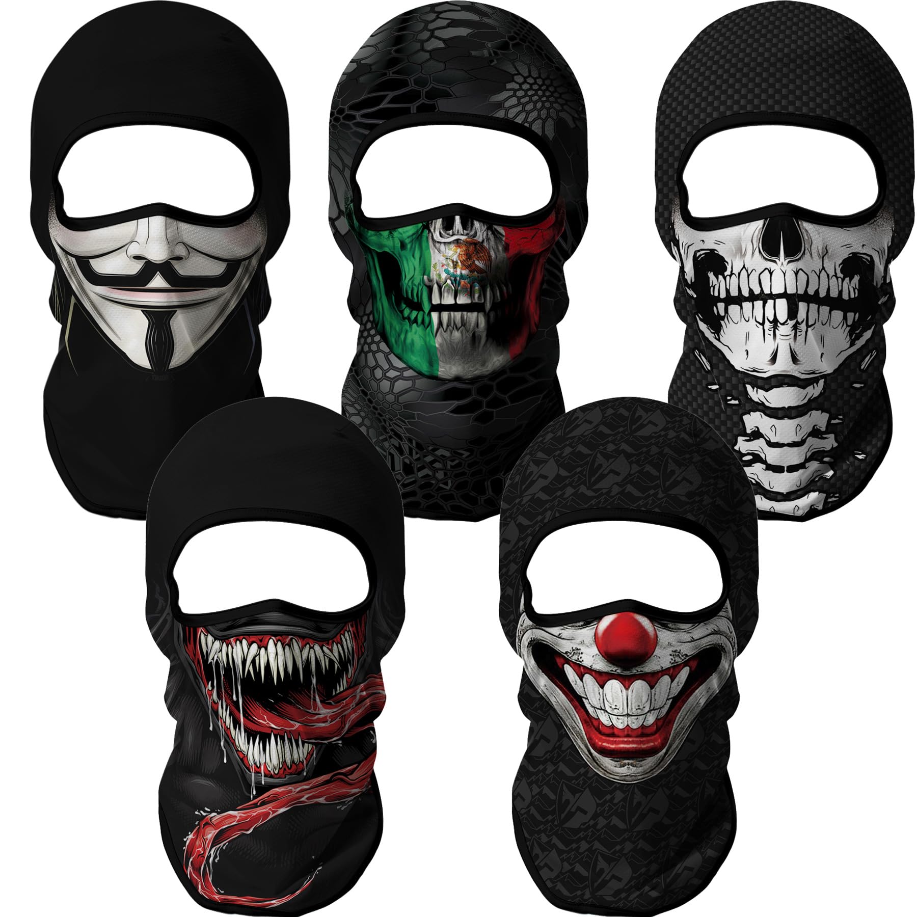 Red Plume 5PCS Ghosts Skull Print Balaclava Full Face Ski Mask UV Protection for Motorcycle Riding Outdoor Sports