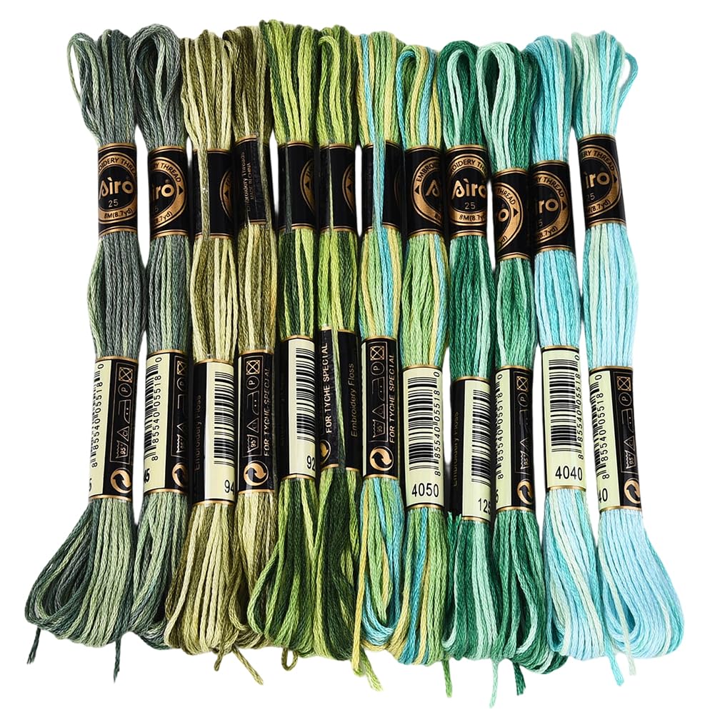 CABODYALS 12 Skeins 96M Green Embroidery Thread Variegated Cross Stitch Floss Bulk 6 Ply Polyester Yarn Colorful Friendship Bracelet String for Sewing Making Needlecraft Knitting Stitching Diy Craft