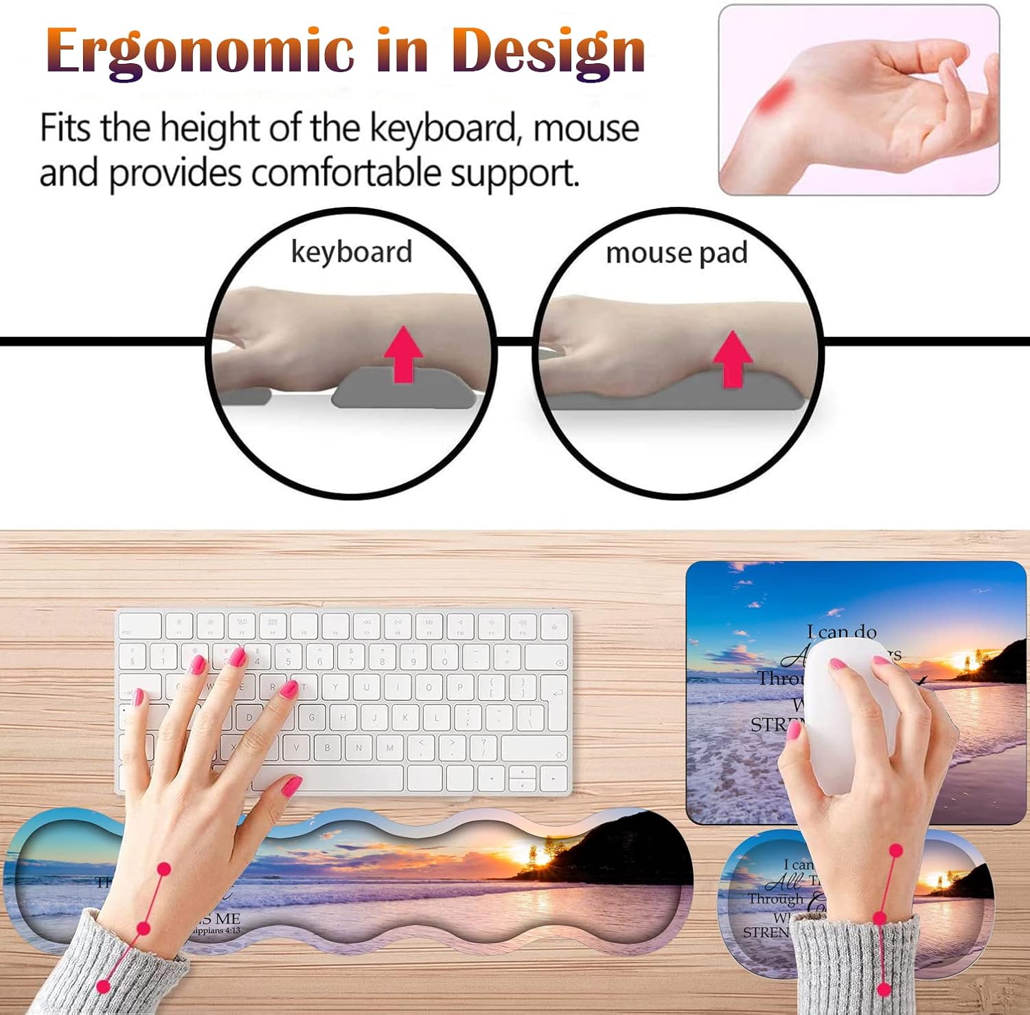 Keyboard Wrist Rest Pad + Mouse Wrist Rest Pad +Mouse Pad + Coaster + Hook Set, Ergonomic Wrist Pain Relief Anti-Slip Mouse Pad for Home and Office, Beach Philippians 4-13