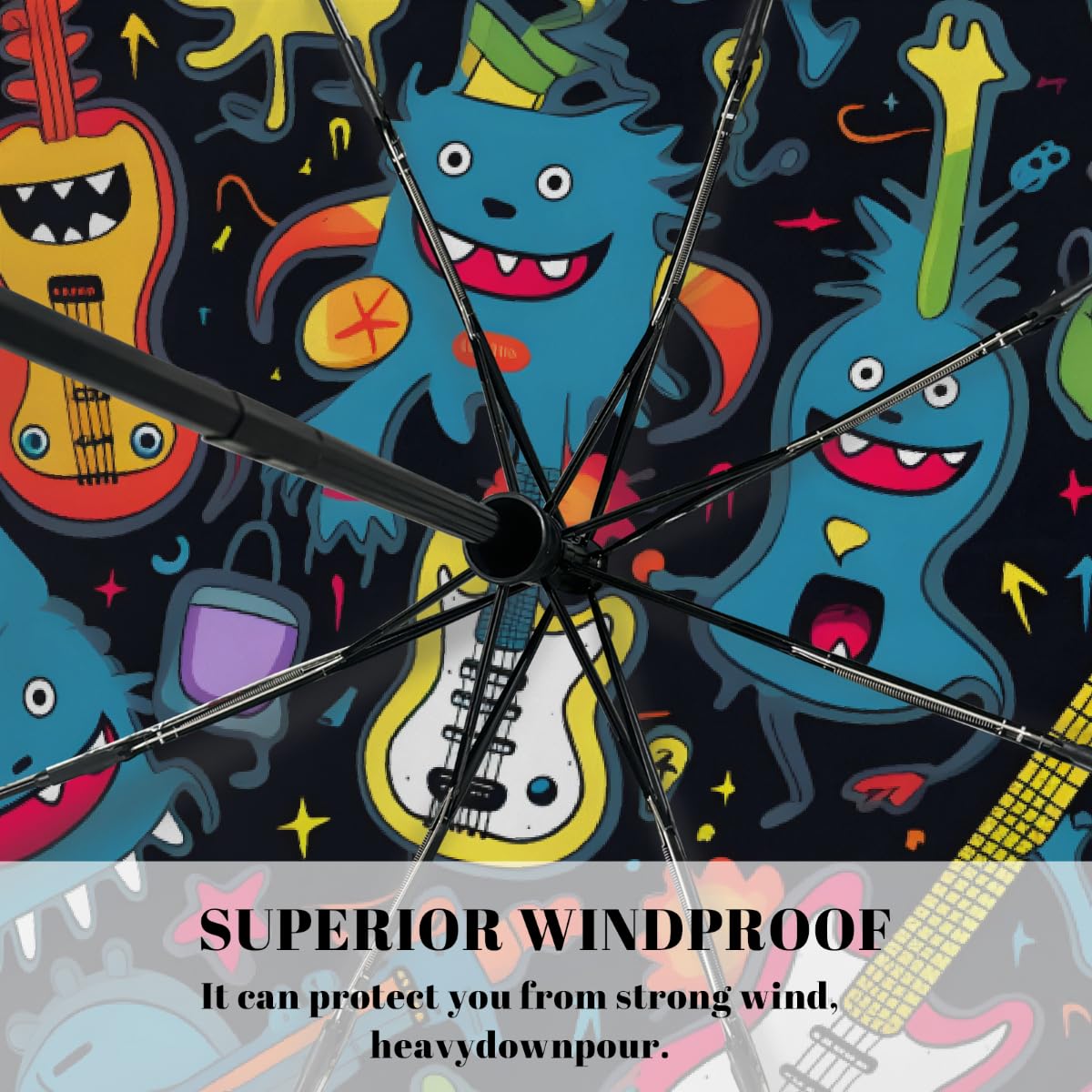Paraguas plegable con cierre automático, guitarra loca, moderna, abstracta, hiphop, música juvenil, arte callejero, resistente a los rayos UV, automático, portátil, ligero, paraguas de lluvia