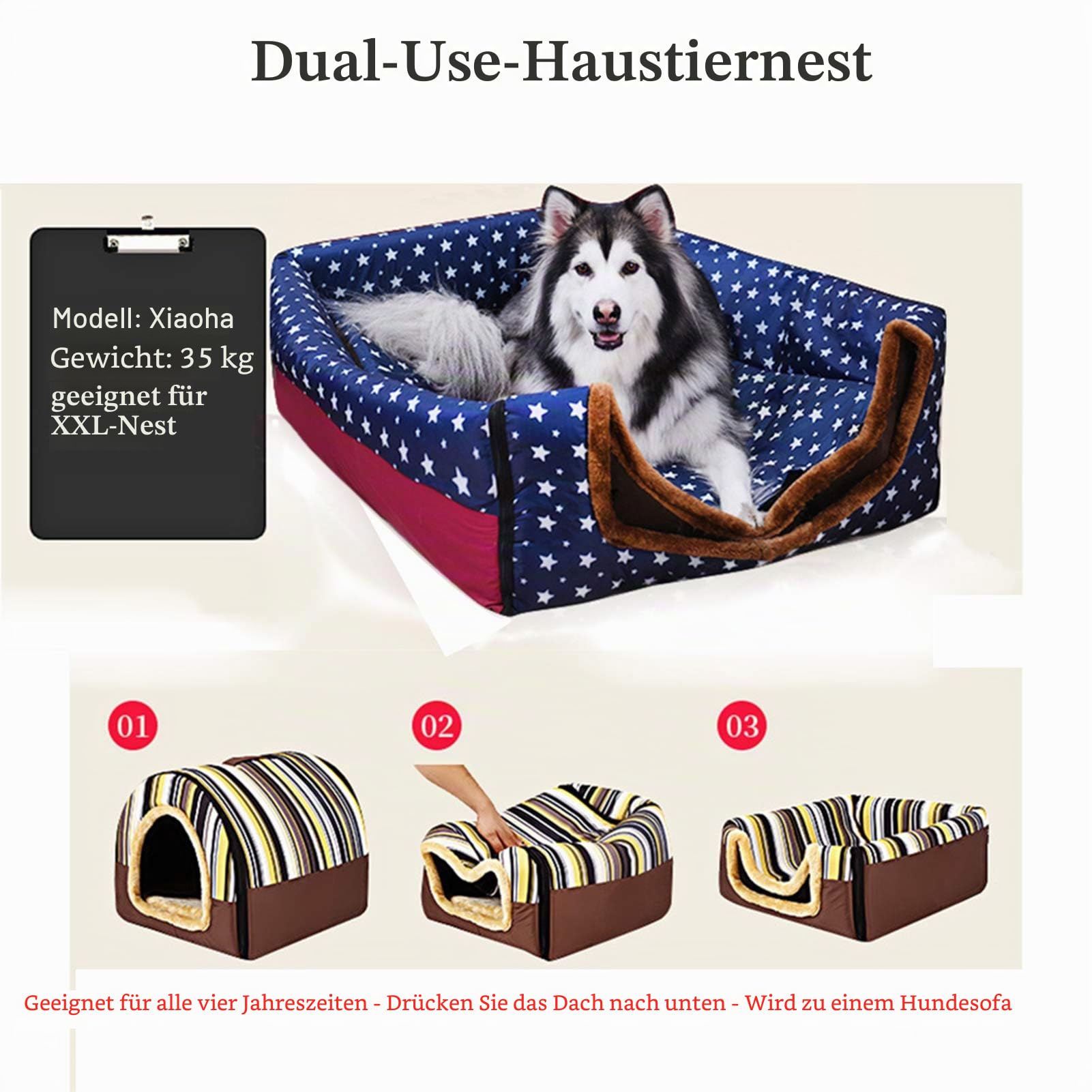 Haustierbett, Großer Hund Hundehütte Winter Warm halten Waschbar Innen Luxus Hundehütte Vier Jahreszeiten Hundehöhle Iglu,F,XXL92*68 * 72cm