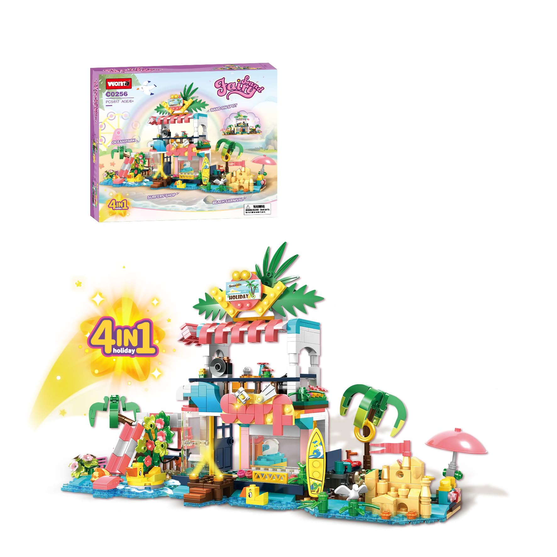 WOMA Surf Beach House For Boys And Girls 6+ Years Old To Play Beach And Party Scenarios With Friends And Family, Building Blocks Set With 657 Pieces