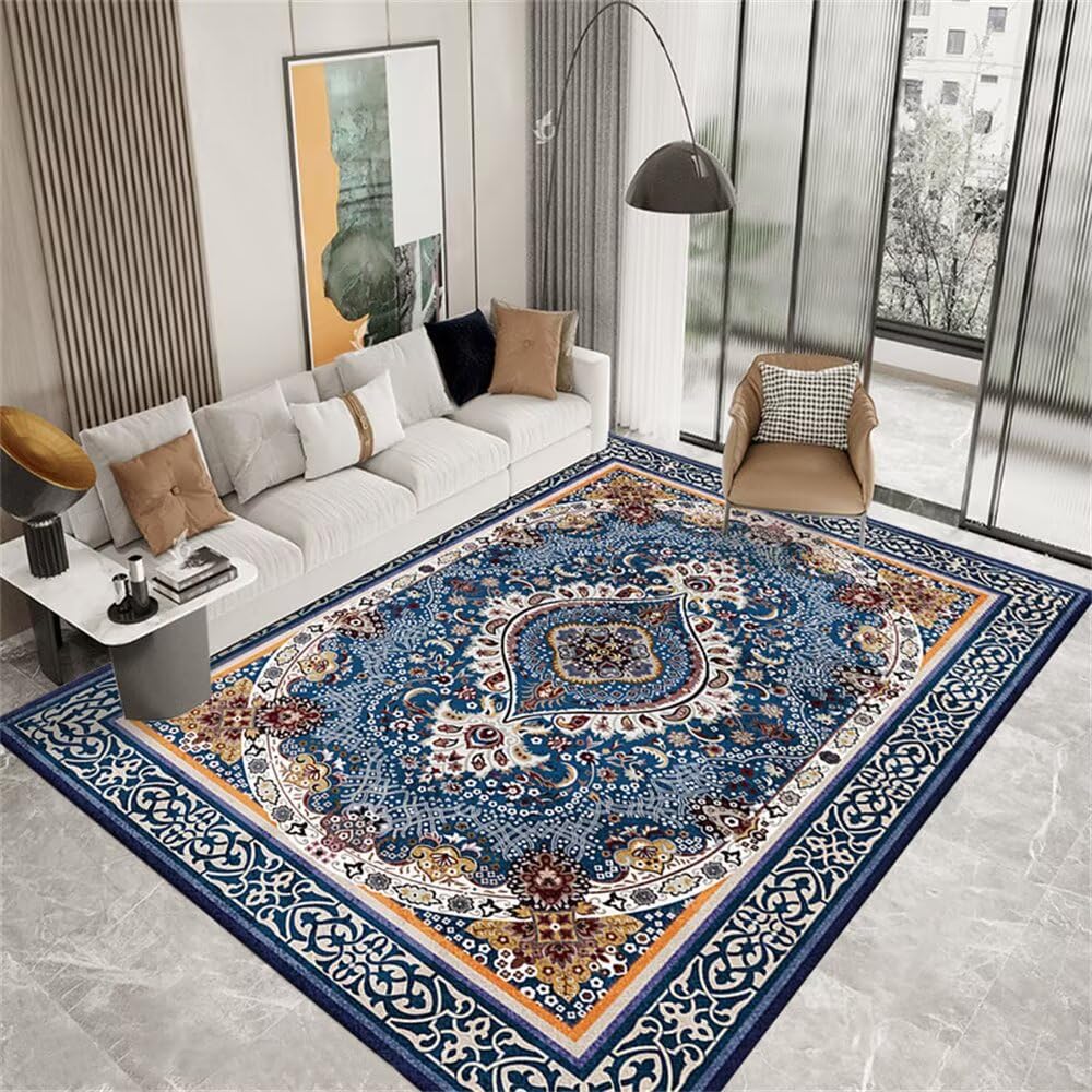 Tapis bleu 80x150cm floral rétro pour entrée et bureau
