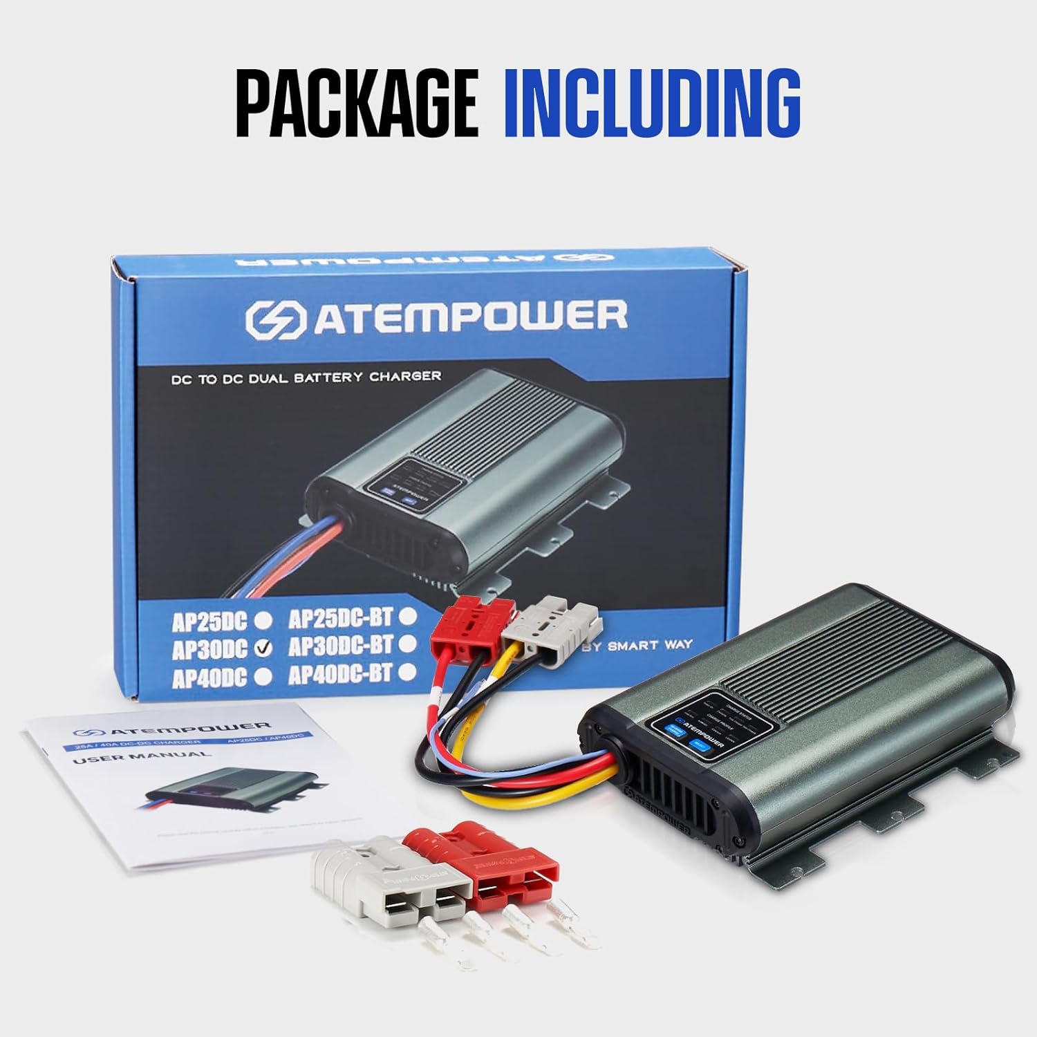 ATEM POWER 12V 30A DC to DC Battery Charger package contents
