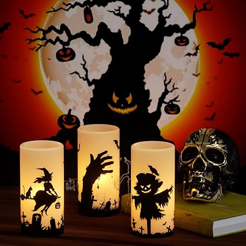 Miniatura 9 de Eldnacele Juego de 3 velas parpadeantes de Halloween que funcionan con pilas, decoración espeluznante de terror