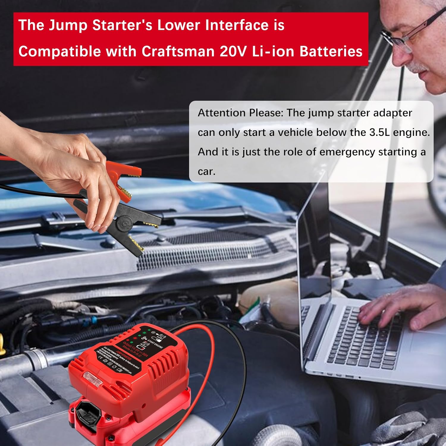 Car Jump Starter Emergency Assistance Starters Adapter for Craftsman 20V V20 Lithium Ion Battery Powered Car Jump Booster(Battery Not Included)