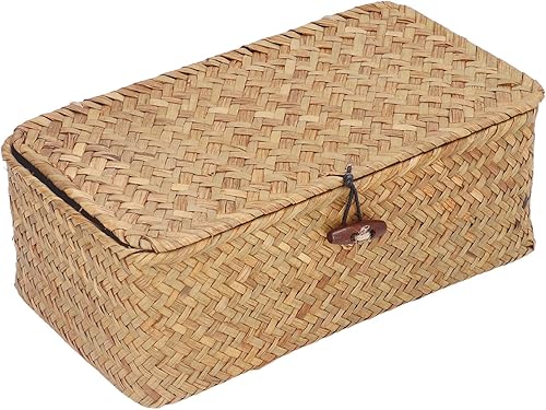 Cestas de estante rectangular de hierba marina, cesta de mimbre decorativa, contenedor multiusos con tapa para almacenamiento de estantes (S)