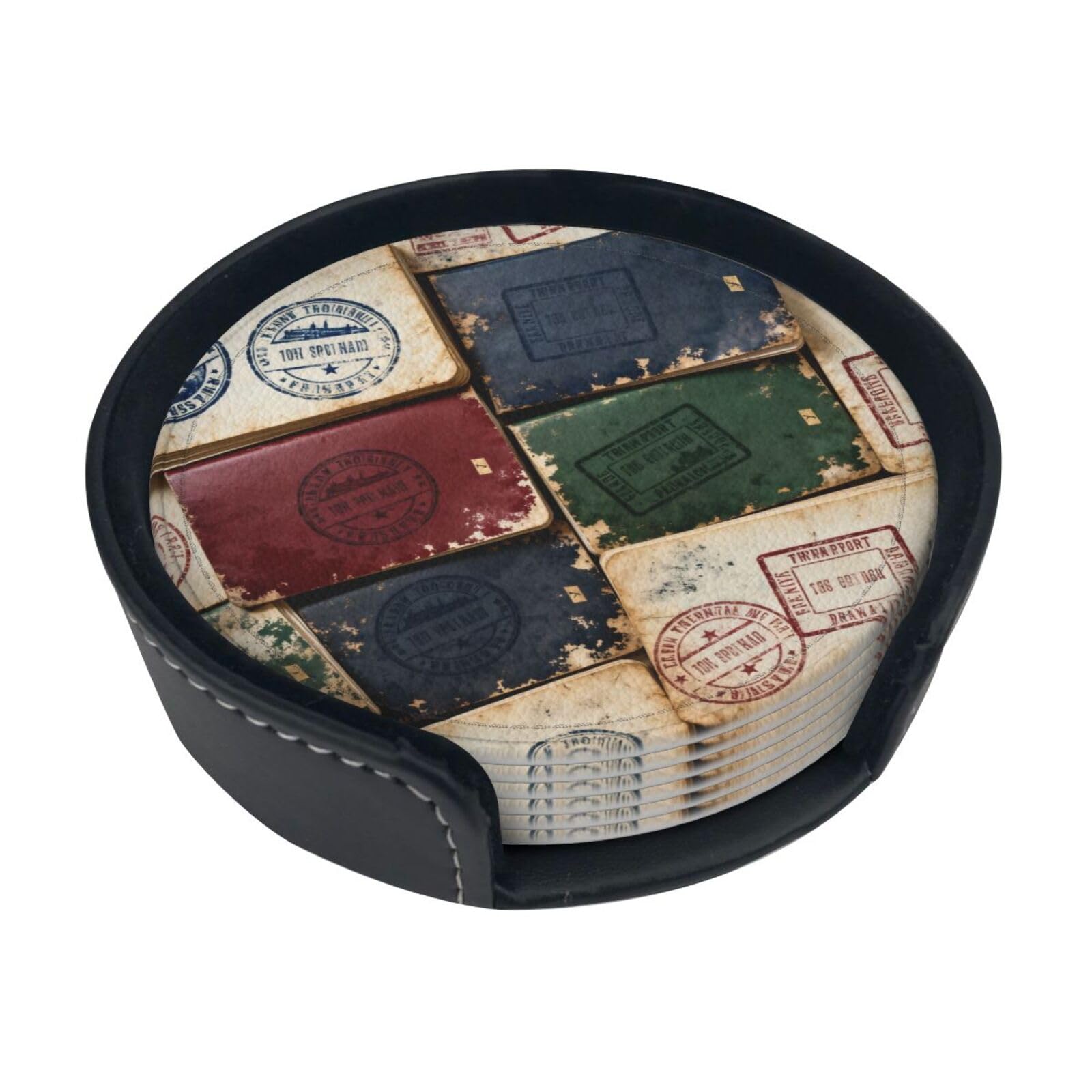 Cntdbu White Passport Stamp Set Leather Coasters Set Of 6-Pu Leather Drink Mats For Table, Heat Resistant Round Coasters With Holder