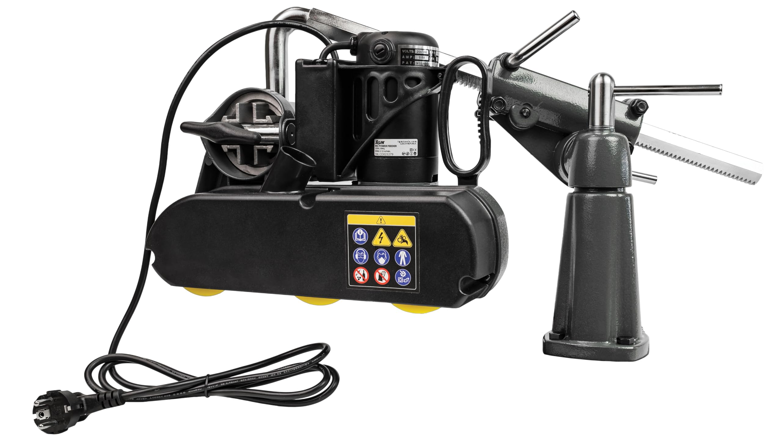 IGM Vorschubapparat M3, 230V – Stufenlos einstellbare Vorschubgeschwindigkeit 2-12 m/min – Für Frästische, Tischkreissägen & Kantenanleimtische – 3 griffige Rollen mit 3D-verstellbarem Gelenk