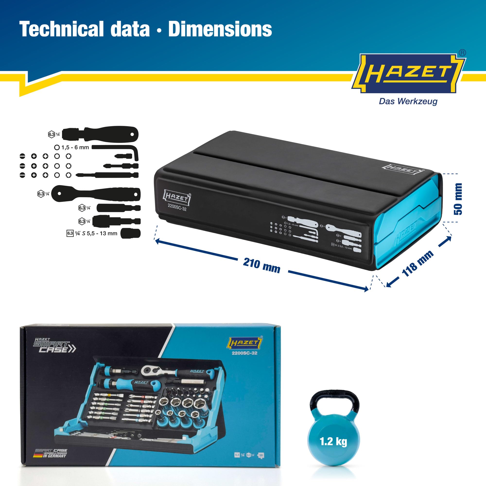 HAZET Smartcase set di bit 2200SC-32, 59 pezzi, azionamento: esagono 6,3 (1/4 di pollice), numero particolarmente di utensili nello spazio più piccolo per una visione d'insieme