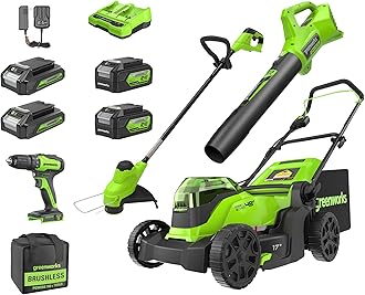 Greenworks 48V (24V x 2) 17" Brushless Mower+12" String Trimmer+320CFM Blower+310 in./lbs Drill Driver, (2) 4.0Ah Batteries and (2) 2.0Ah Batteries, 2A Dual Port Charger