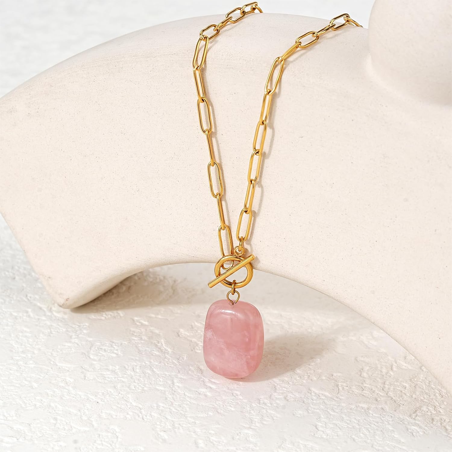 Natural Stone Paperclip Necklace 18k Real Gold Plated Toggle Pendant Double Clasp Natural Healing Gemstone Jewelry for Women