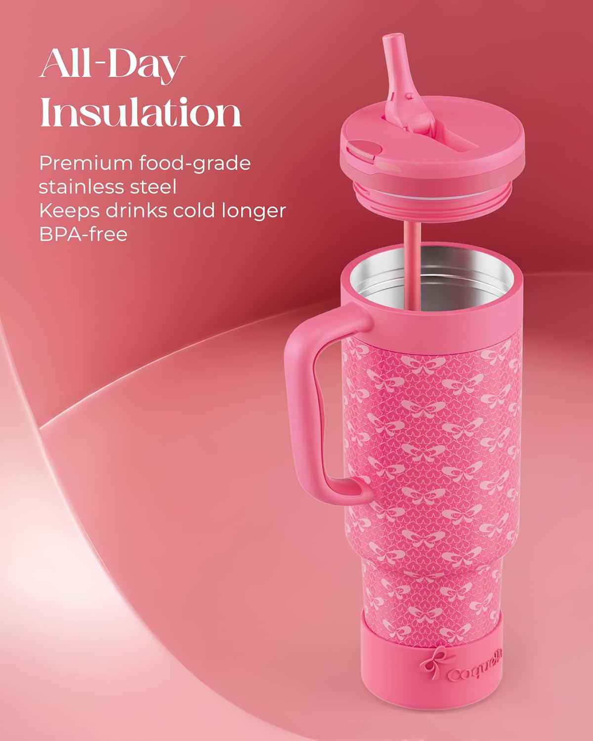 40 oz Insulated Tumbler with Handle and Push-Button Straw Lid, Stainless Steel Travel Cup for Gym Office, Leakproof, BPA-Free, Cup Holder Friendly, Bow Silicone Boot, Pink (Coquette Fuchsia)