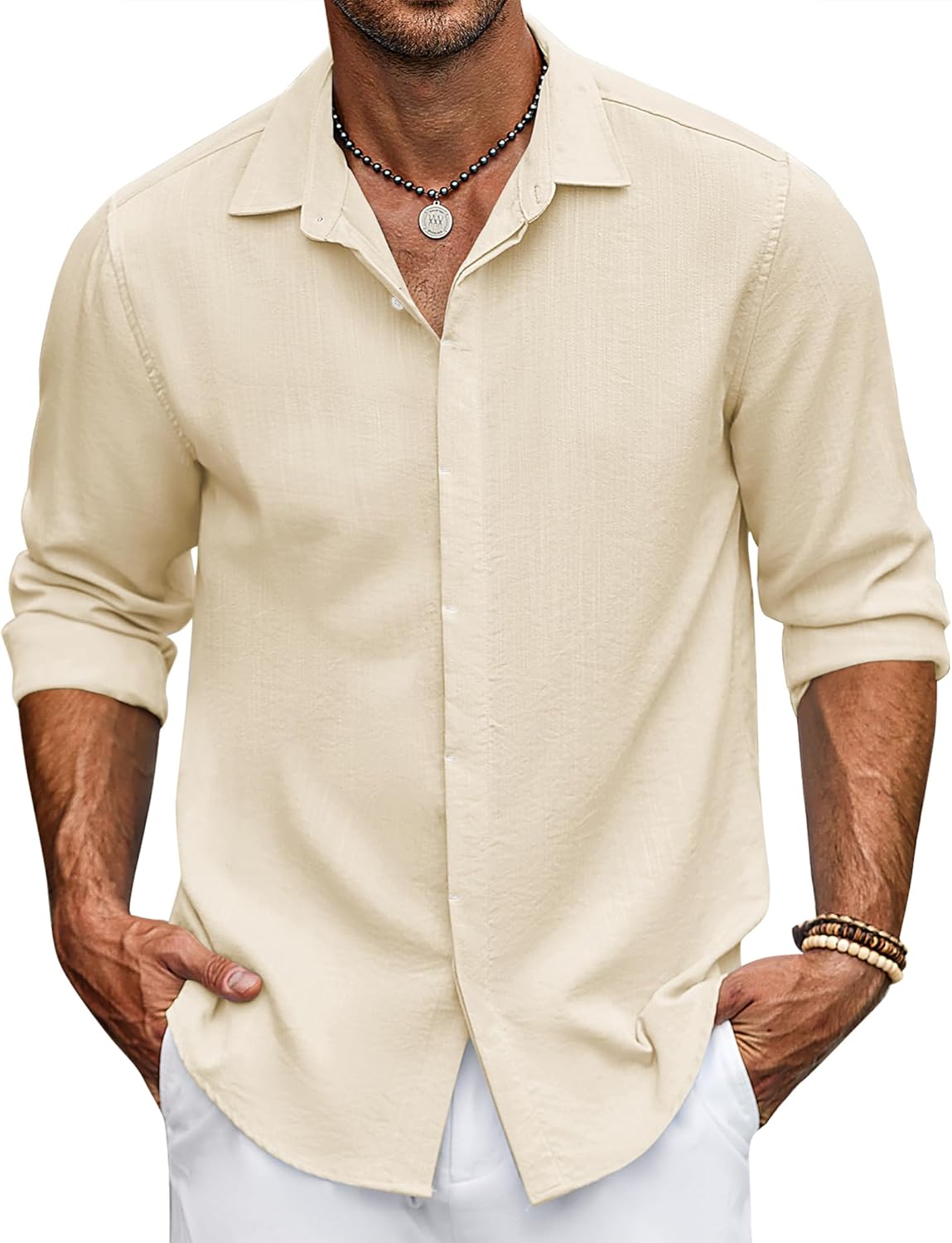 COOFANDY Men's Linen Shirt Long Sleeve Beach Button Up Shirt Casual