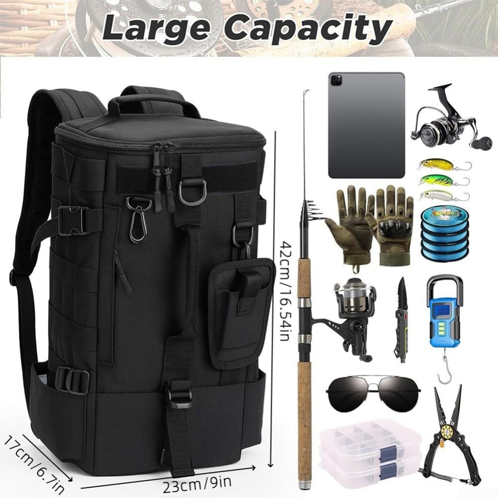 Großer Angelrucksack mit Rutenhalter, Oxford wasserdicht, große Kapazität, Wanderrucksack, Reiserucksack, geeignet für Angeln, Picknicks und Wandern, CP, PVC-Angeltasche für weiche Köder