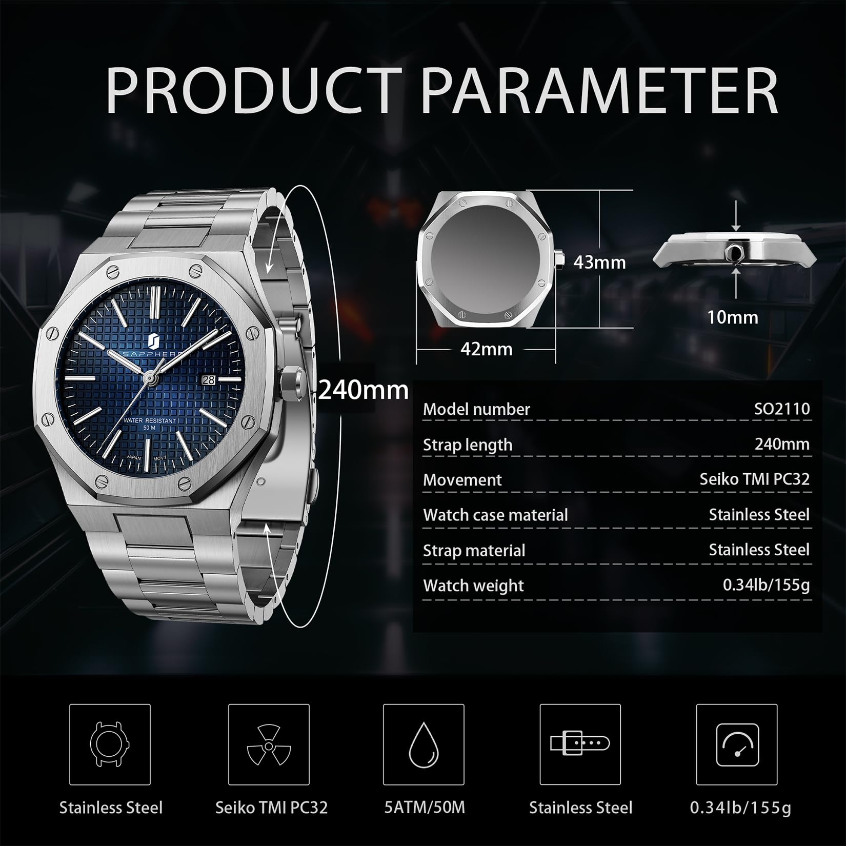 SAPPHERO Montre pour Hommes en Acier Inoxydable Montre Homme 50M Montres octogonales étanches Hommes Mouvement à Quartz Japonais Affaires décontractées avec Date et Fonction Lumineuse
