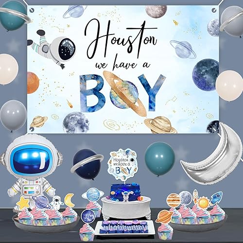Miniatura 3 de Decoraciones para baby shower del espacio exterior para niño, decoración de cupcakes de astronauta espacial, Houston We Have a Boy Baby Shower telón