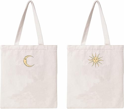 Kazova Bolsa de lona con diseño de sol y luna, estilo vintage, para mujer, bolsa de compras de comestibles, moderna y estética con bolsillo interior