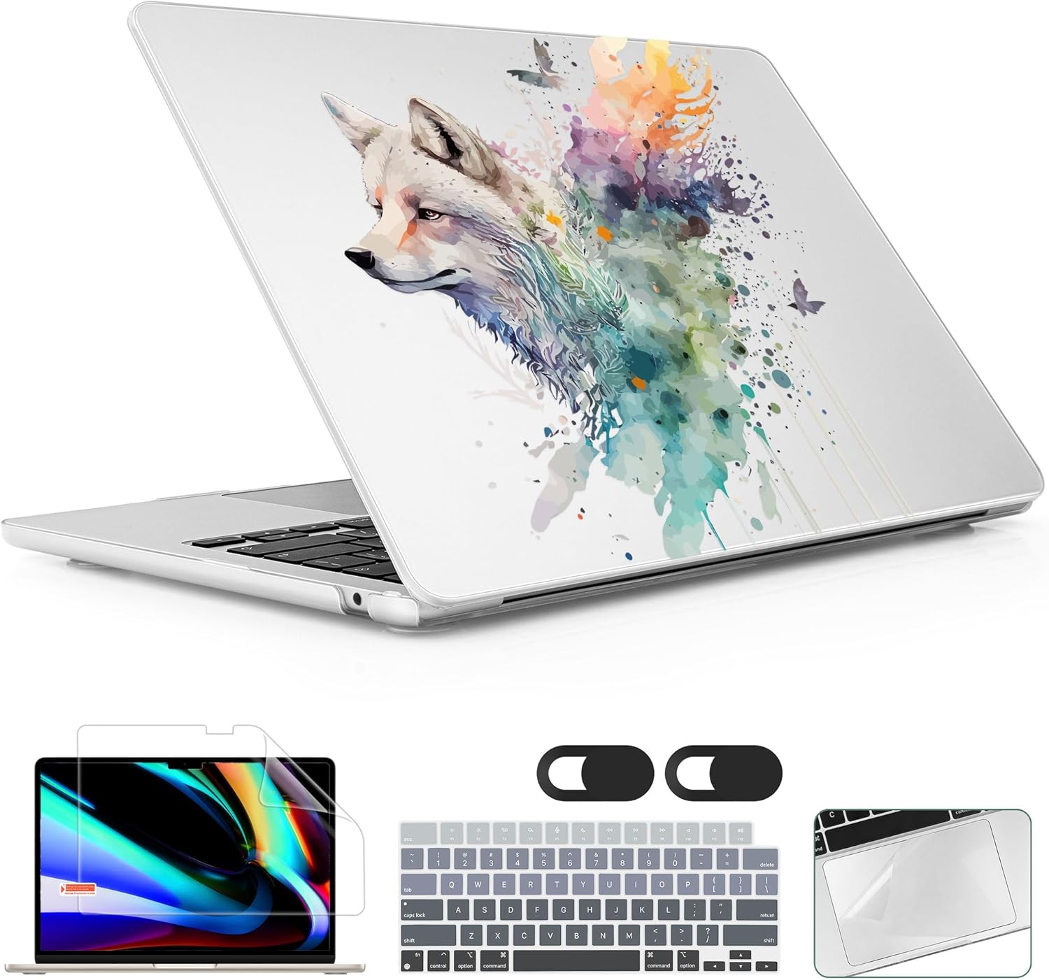 for MacBook Air 13.6 inch Case M4 M3 M2 2025 2024-2022 Release Model A3240 A3113 A2681, Sturdy Plastic Hard Shell Case & Screen Protector for MacBook Air M2 13 inch, Wolf
