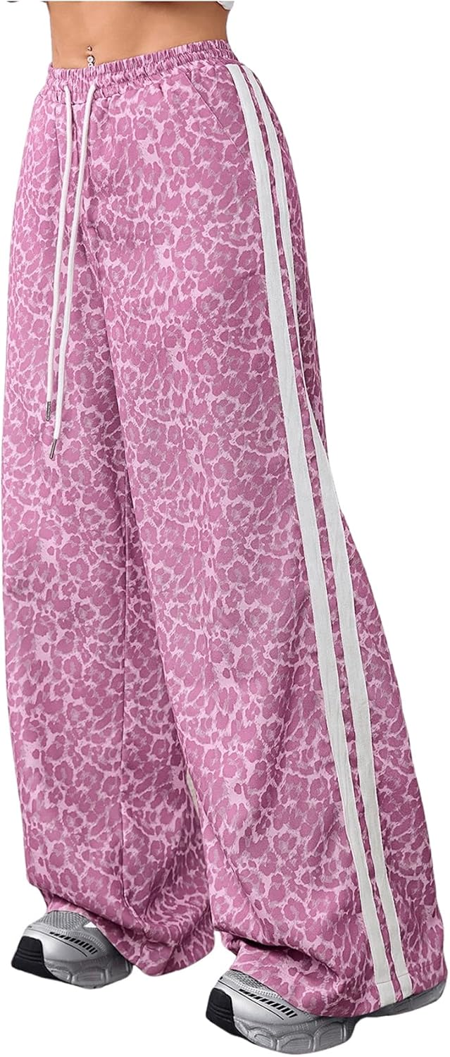 MakeMeChic Women's Women's Leopard Pants Side Stripe Cheetah Print Sweatpants Y2K Elastic Waist Straight Leg Pants