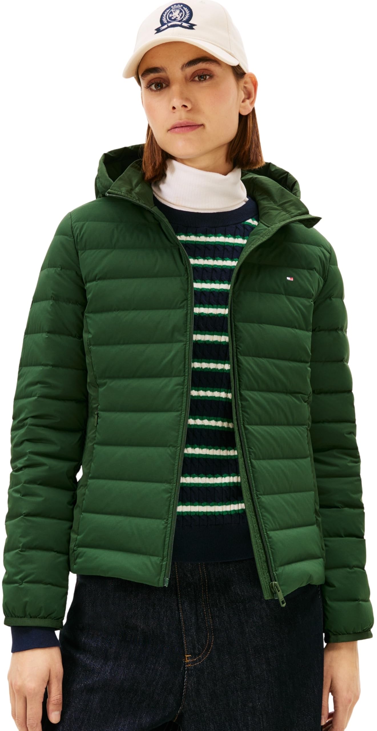 Tommy Hilfiger Women's STRETCH NYLON LW DOWN JACKET WW0WW47753 Puffer Jacket, GREEN (National Forest), L