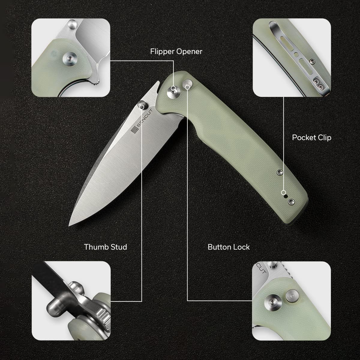 SENCUT Sachse Pocket Knife Folding Knife for EDC, Natural G10 Handle Satin 9Cr18MoV Blade Foldable Small Knife with Clip, Button Lock Everyday Carry Knife for Men Women Indoor Outdoor Gift S21007-4