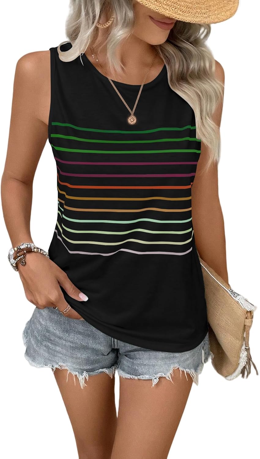Tank Tops for Women Summer Striped Sleeveless Tee Loose Casual Crewneck Shirts 2026 Fashion Beach Vacation Clothes