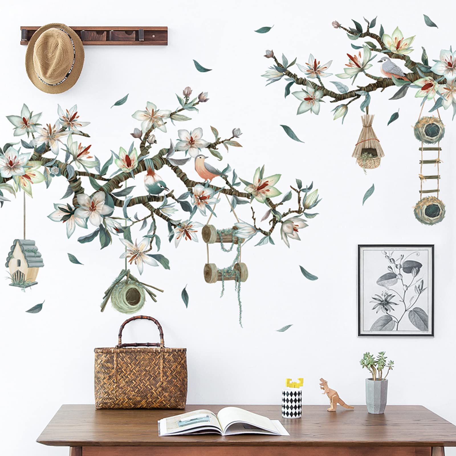Birds on Magnolia Tree Branches Wall Stickers, ULENDIS DIY Removable White Blossom Flower Wall Decals, Birdcage Murals Wall Decor for Home Bedroom Living Room Corridor Stair