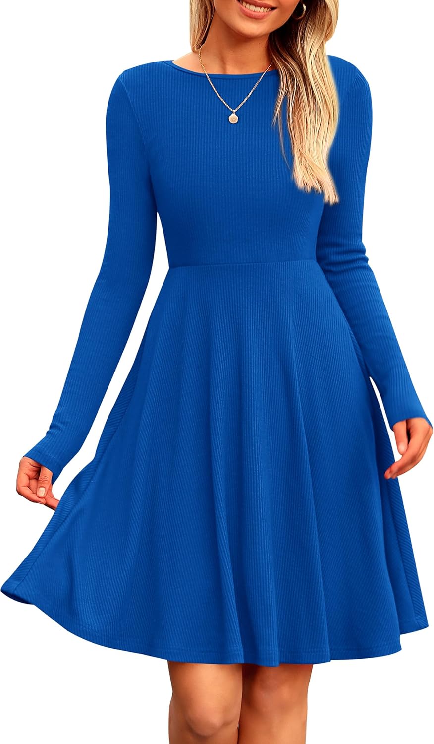 PRETTYGARDEN Women's Fall Short Dress Ribbed Knit Crewneck Long Sleeve A Line Flowy Casual Elegant Going Out Winter Dresses