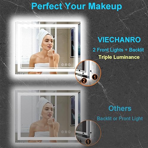 Miniatura 2 de Espejo de baño con luz LED rectangular de 48 x 40 pulgadas, espejo de tocador de baño para pared con retroiluminación y 2 luces frontales, triple