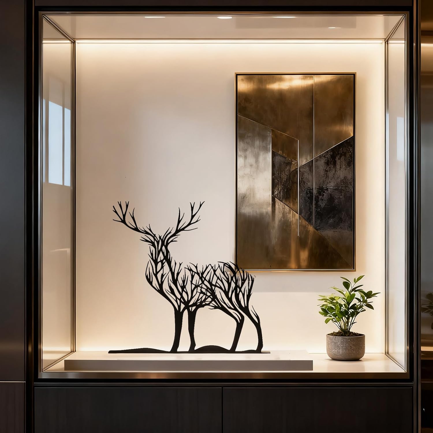 Black Deer Decor for Home Metal Reindeer Tree of Life Decor for Living Room Small Table Decor Modern Indoor Holiday Figurines Bedroom Decoration Rustic Desk Ornament Farmhouse Mantle Sign