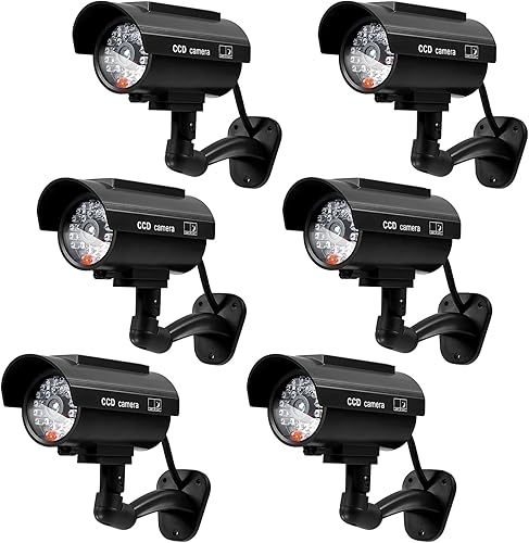 6 piezas de cámara de seguridad falsa alimentada por energía solar, cámara de vigilancia simulada con luces intermitentes rojas realistas para