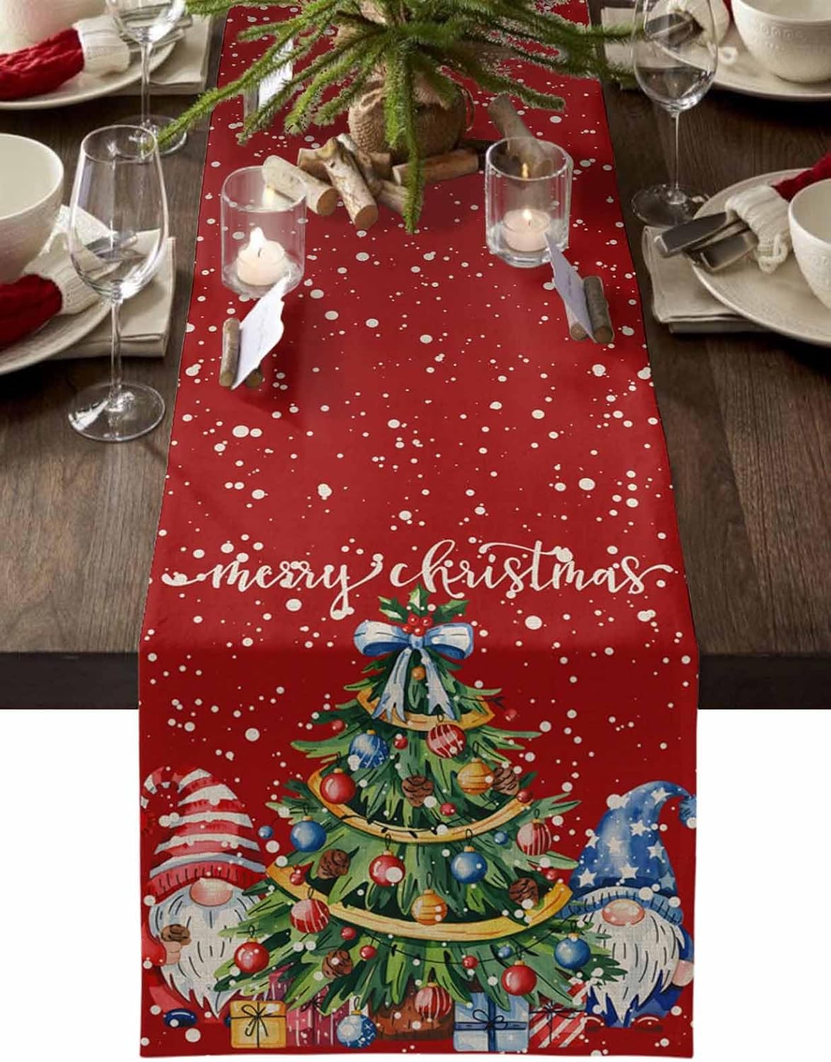 Christmas Table Runners Gnome Xmas Tree Cotton Linen Kitchen Dining Table Runners Pine Cone Berry Red Home Decoration for Wedding/Party/Coffee/Indoor Outdoor Use 13x108 Inch