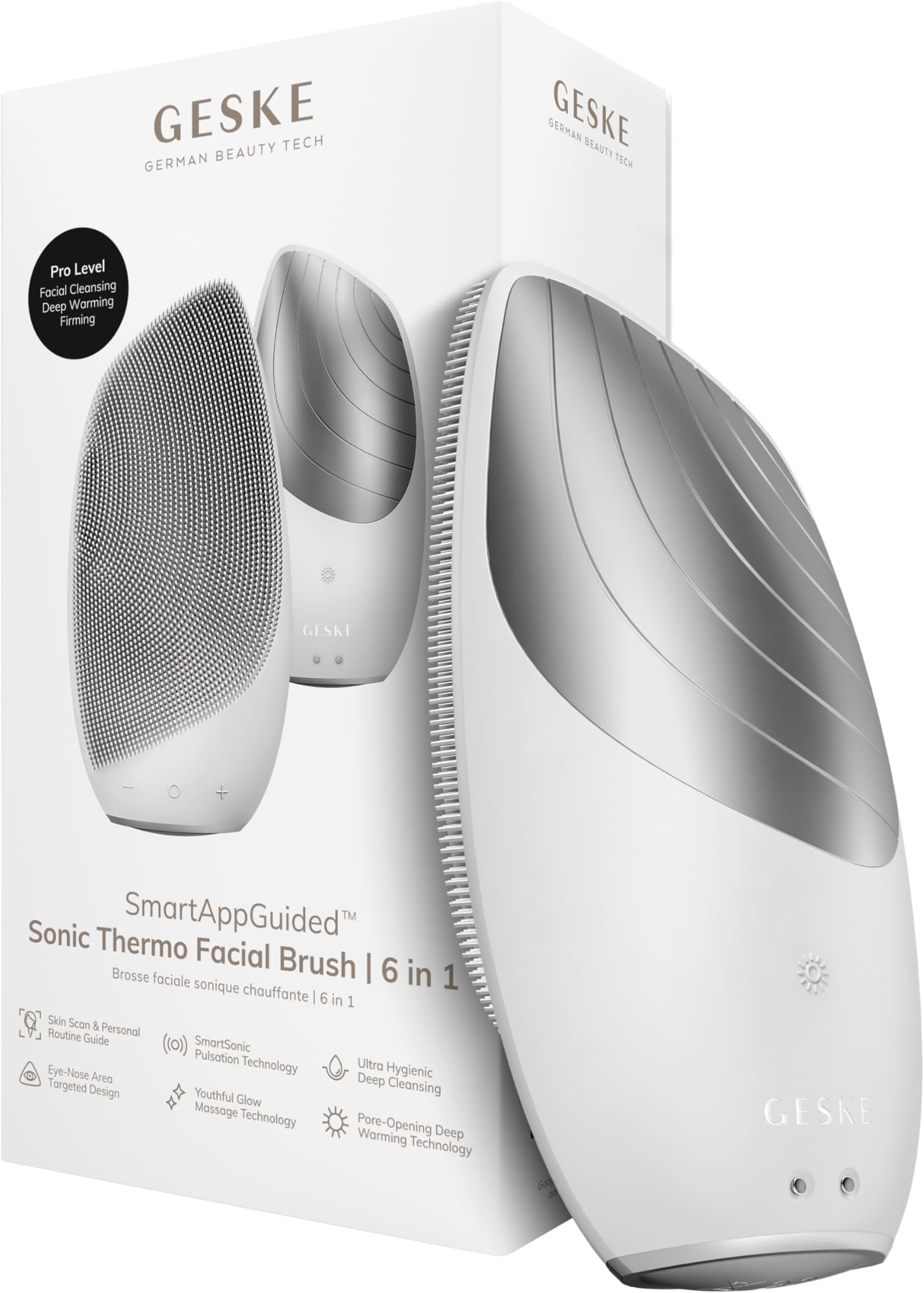 GESKE SmartAppGuided Sonic Thermo Facial Brush | 6 in 1 | Skin Cleansing | Cleansing Brush with Thermal Function | Electric Facial Massager