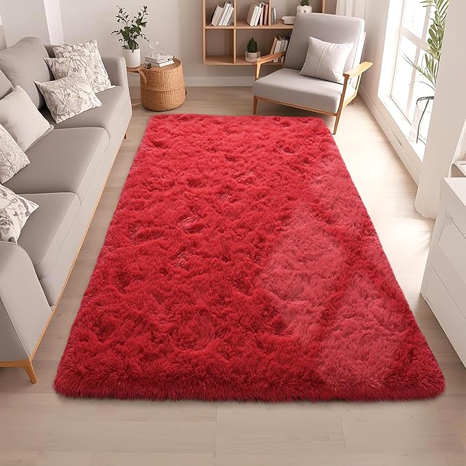 Red Rugs for Bedroom 5x7 ft - Ultra Soft Faux Fur Area Rug - Plush Non-Slip Shaggy Carpet for Living Room, Cozy Fluffy Rug for Kids Boys Girls Dorm Nursery Room, High Pile Floor Carpet
