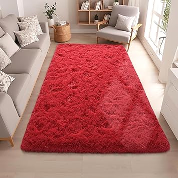 Red Rugs for Bedroom 5x7 ft - Ultra Soft Faux Fur Area Rug - Plush Non-Slip Shaggy Carpet for Living Room, Cozy Fluffy Rug for Kids Boys Girls Dorm Nursery Room, High Pile Floor Carpet