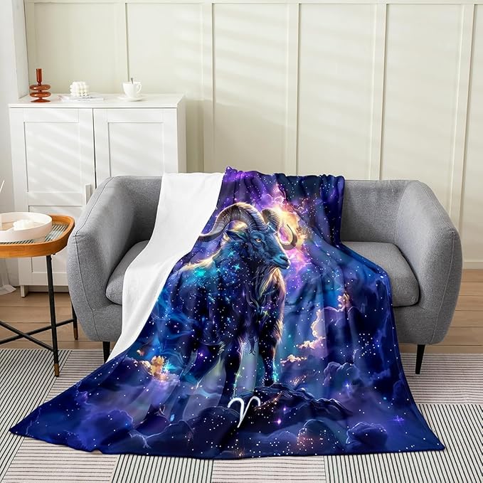 Twelve Constellations Zodiac Bed Blanket,Galaxy Nebula Star Starry Sky Flannel Blanket for Room Decor,Aries Bedding Set for Kids Adults Sofa Dorm Decor,Throw 50