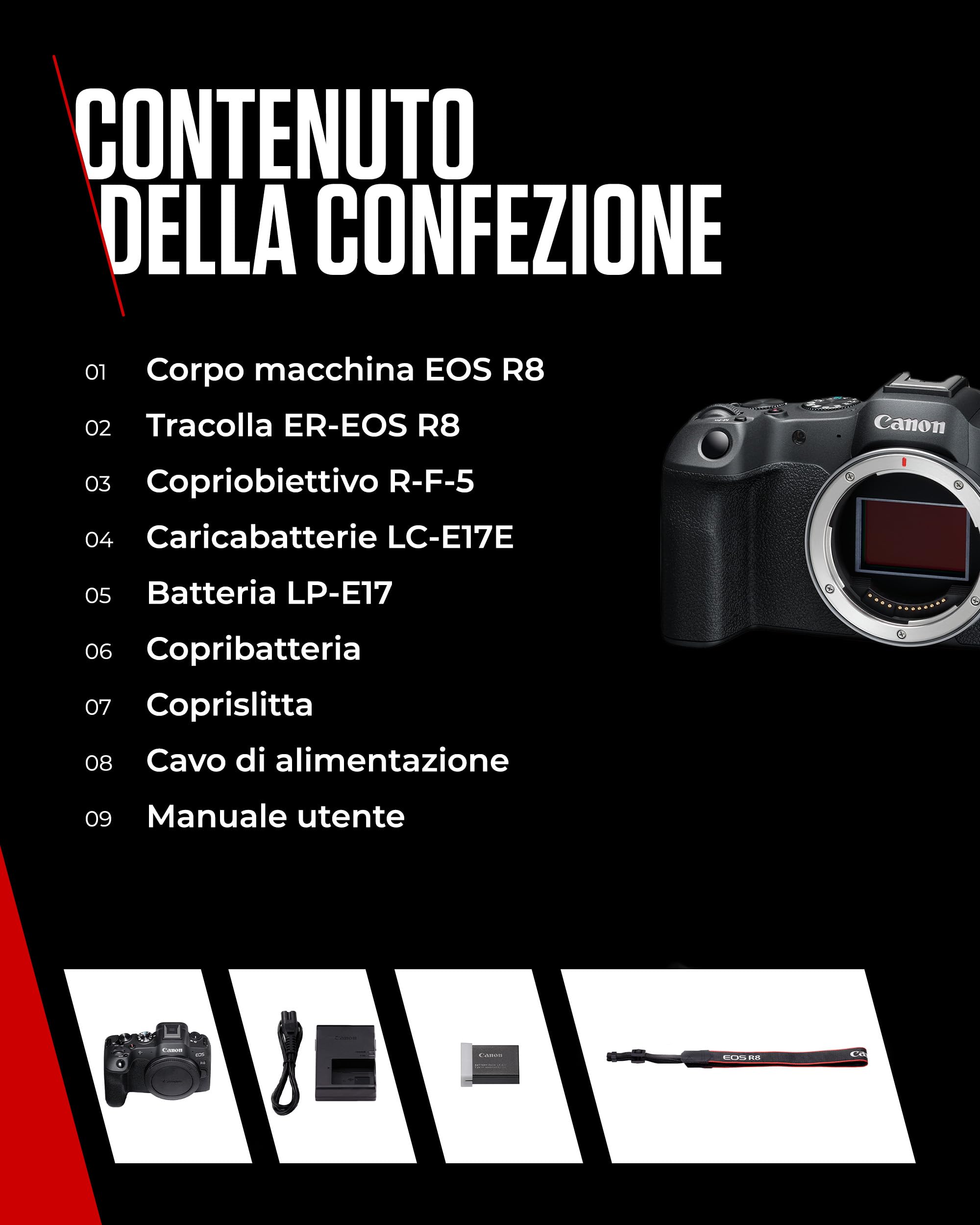 Canon EOS R8 (Corpo) – Macchina Fotografica Mirrorless Full Frame 24,2MP, Dual Pixel CMOS AF II - Videocamera 4k Fino a 60p - Scatto Continuo 40 fps – Schermo Direzionabile - Connettività Bluetooth