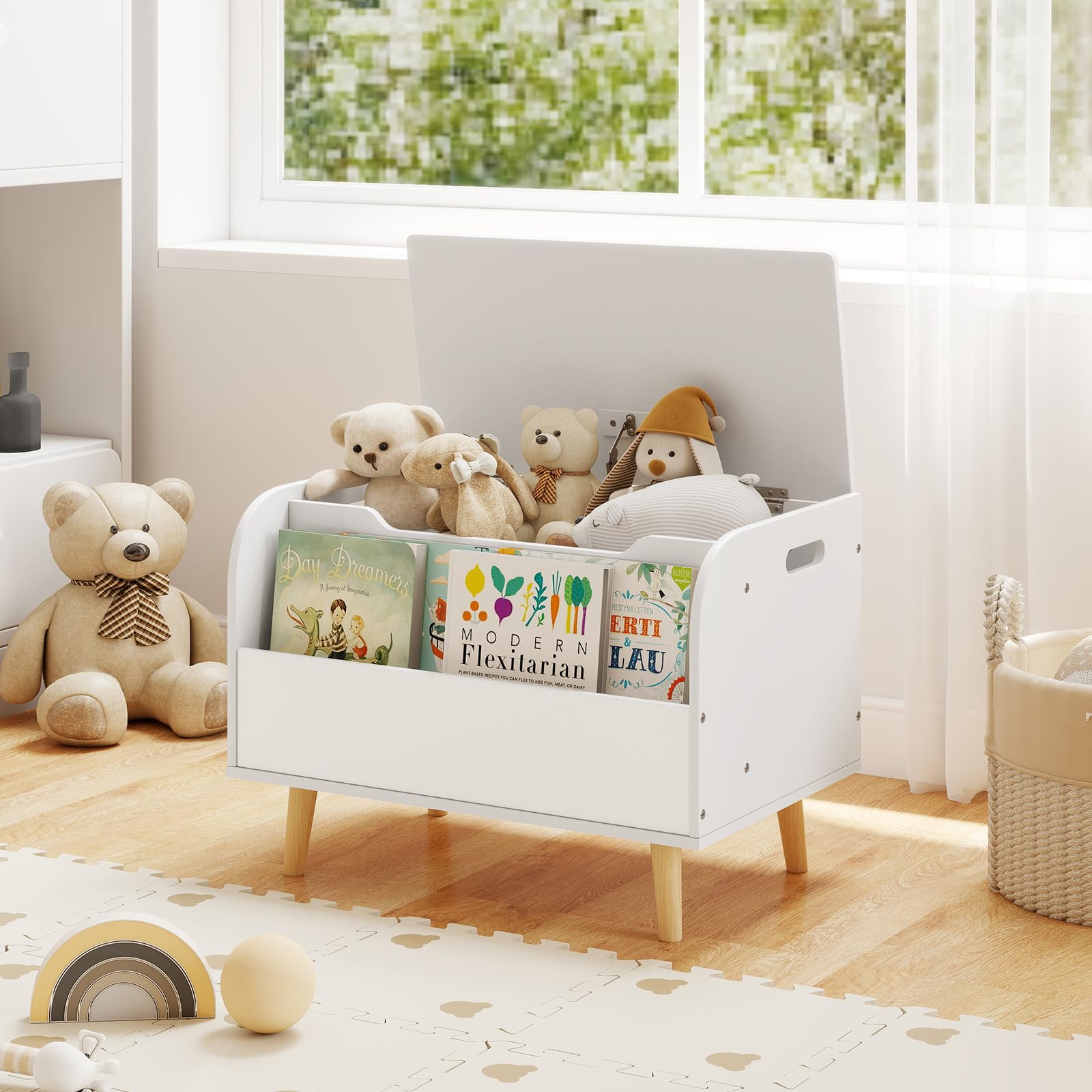 COSTWAY Spielzeugtruhe mit Deckel, 2 in 1 Spielzeugkiste aus Holz mit Bücherregal, Sitztruhe mit Stauraum, Spielzeug Aufbewahrung montessori für Kinderzimmer, Spielzimmer, 60 x 40 x 43 cm (Weiß)
