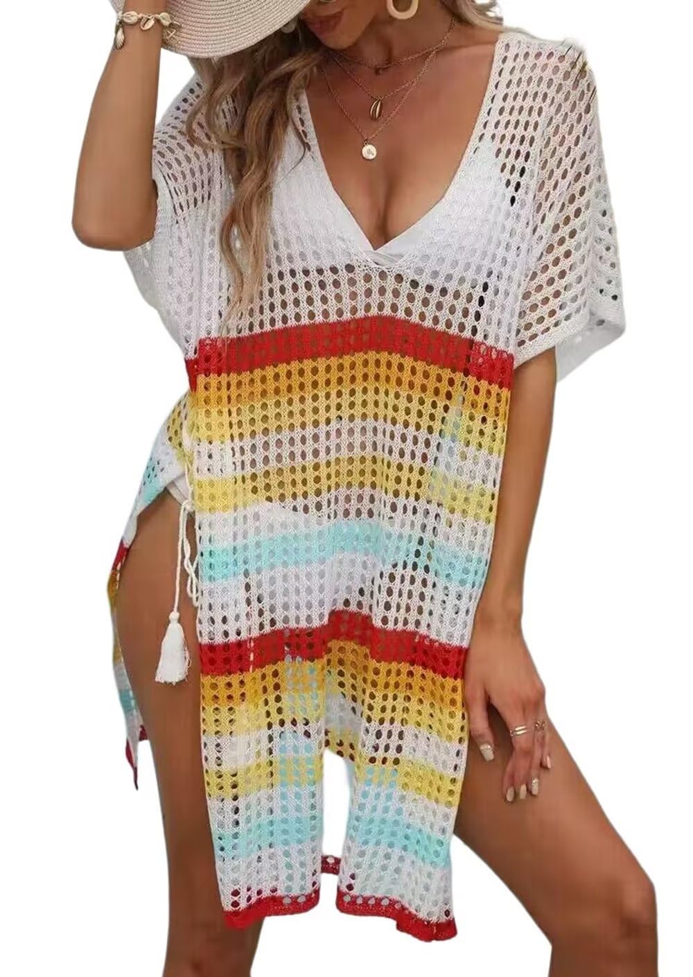 princess polly baby blue dress Aimitagcolor Block Hollow Out Crochet Dress Womens Slit Tassel Crochet
