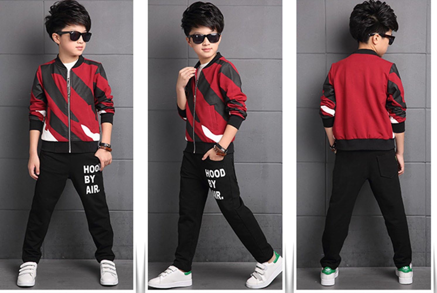 FTSUCQ Boys Zip Front Sports Tracksuits Striped Shirt Jacket Coat + Pants,Red 130 (6-7 Years)