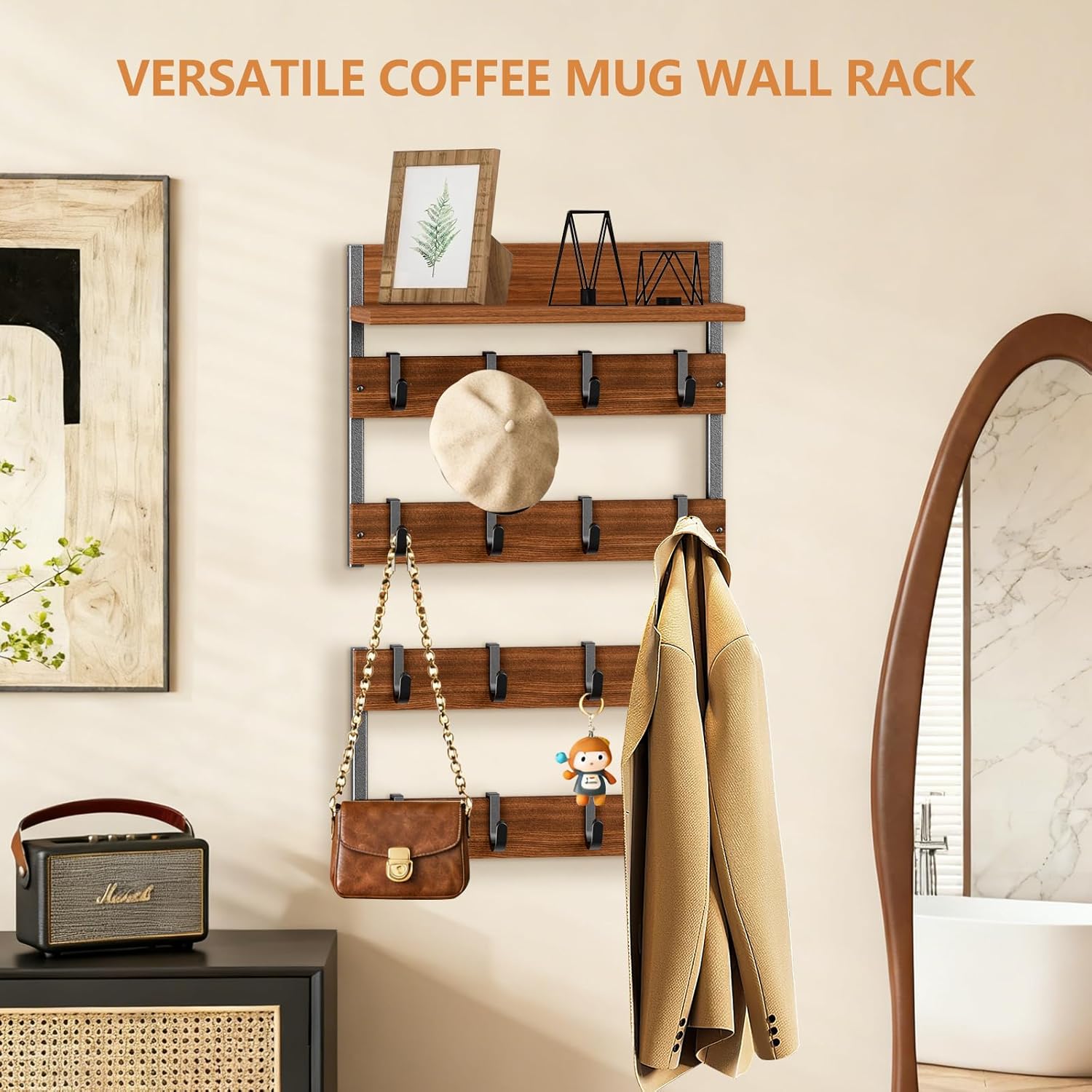2-in-1 Coffee Mug Holder Wall Mount, 4-Tier Coffee Mug Rack Wall Mounted with 16 Adjustable Hooks and Storage Shelf, Wooden Cup Hanger Organizer for Home Kitchen Display and Collection