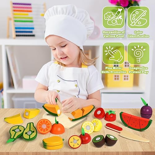 Miniatura 4 de Juguete de madera para la cocina de los niños, juguete de corte de frutas para niños pequeños, juguetes de comida para niños pequeños, juguetes de