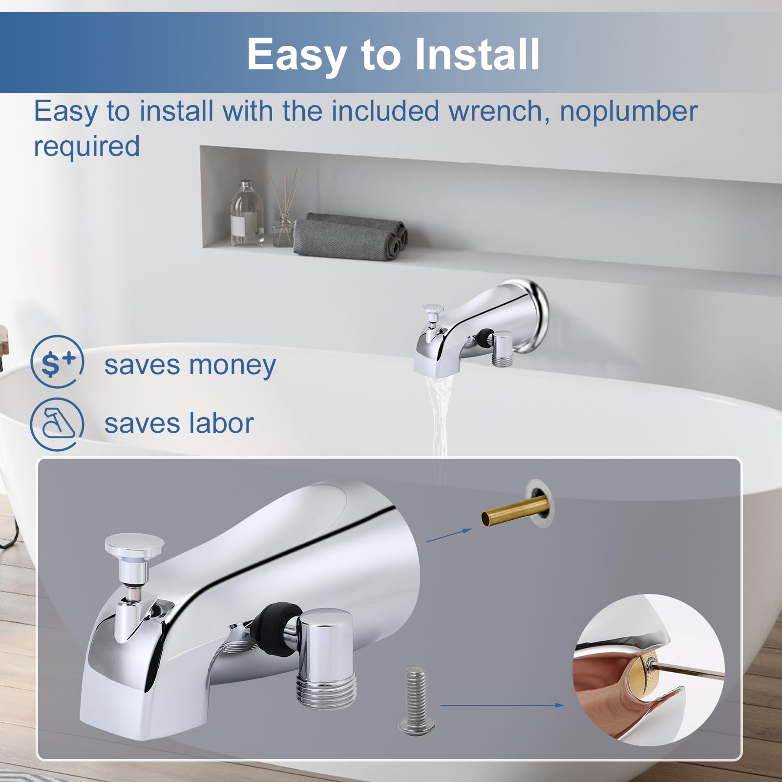 Gugxiom Bec de baignoire, robinet de avec inverseur, robinet de baignoire à filetage intérieur de 1/2 pouce IPS, alliage de cuivre et de zinc, métal et résistant