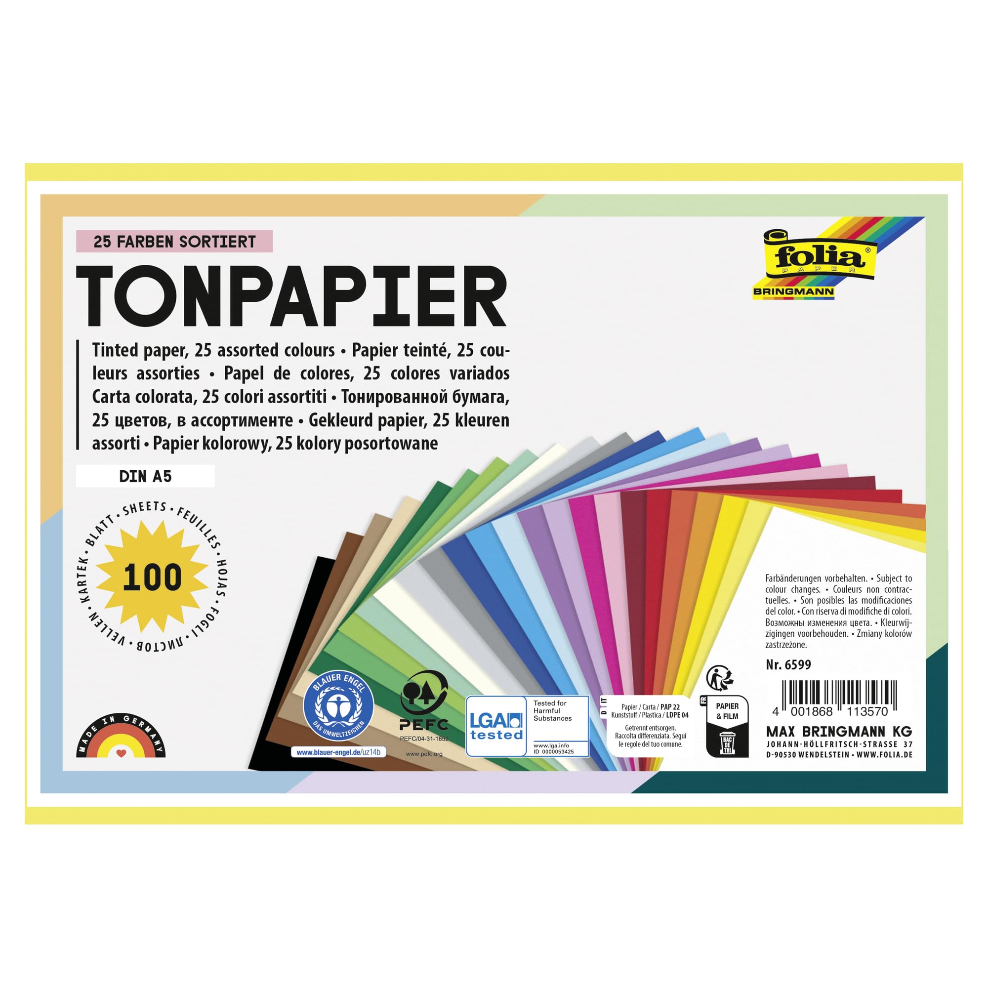 Folia Colourful 6599 Coloured Paper Mix, Din A5, 130 G/M², 100 Sheets Assorted In 25 Colours, For Crafts And Creative Design Of Cards, Window Pictures And Scrapbooking
